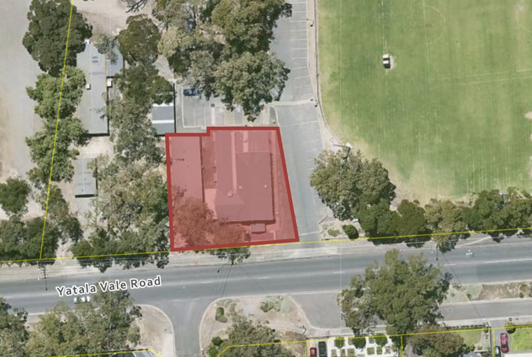 An aerial image of the building used by the Tea Tree Players, highlighted in red.