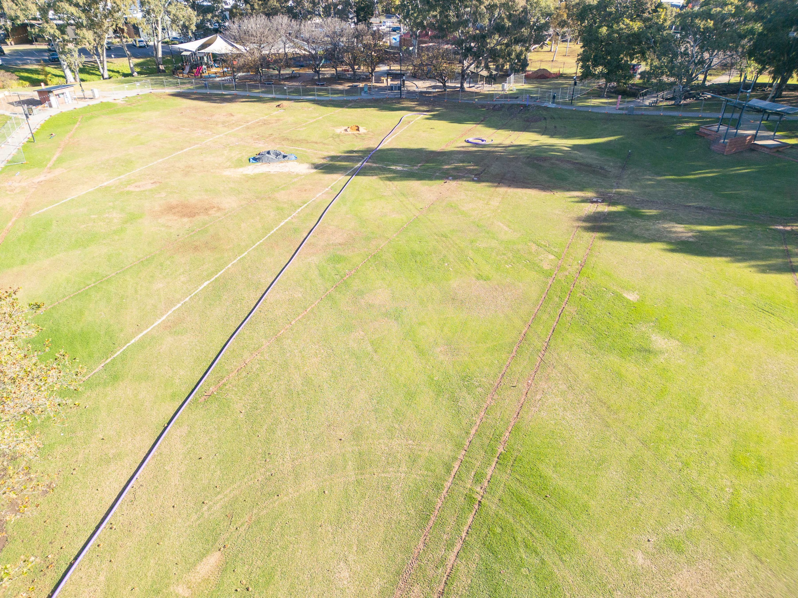 Aerial view of Civic Park showing where new irrigation pipe has been laid