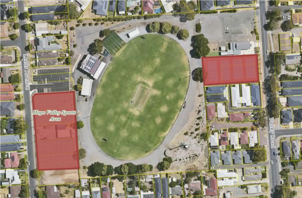 A map highlighting the proposed lease area for the Hope Valley Tennis & Netball Club. Lease area includes mixed-use tennis and netball courts, club rooms, veranda, and shed. 
