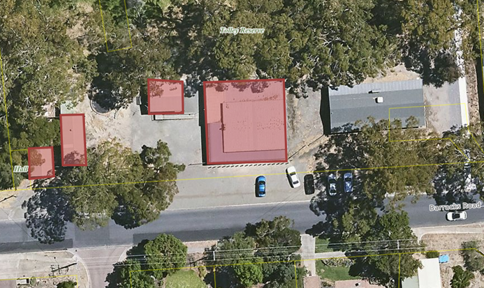 An aerial image of the building used by Scouts SA - Hope Valley, highlighted in red.