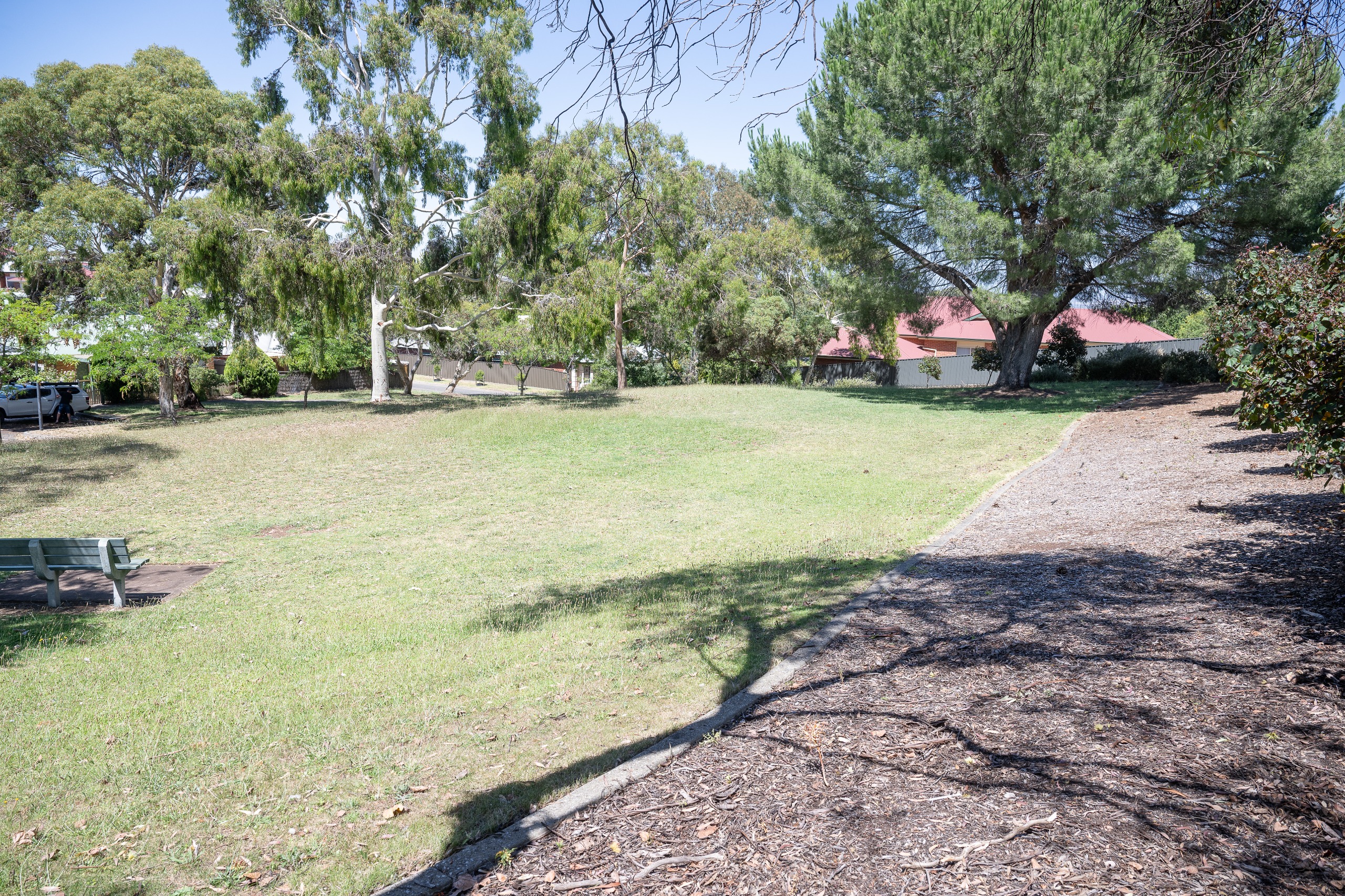 Grass and bark chip area with trees in background