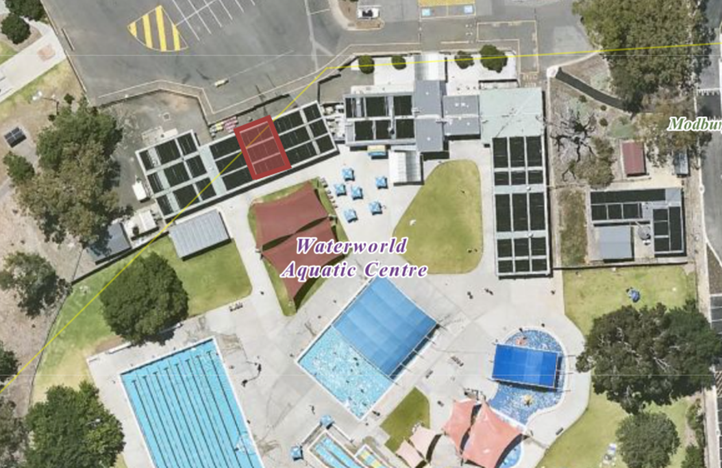 An aerial photo of Waterworld outdoor swimming centre, a small portion of the building is highlighted in red.