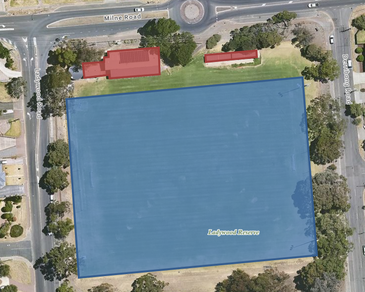 A map highlighting the proposed lease and licence area for the Modbury Jets Amateur Football Club. Lease area includes clubrooms, shed, and portable toilets/changerooms. Licence areas include pitch and soccer goals.