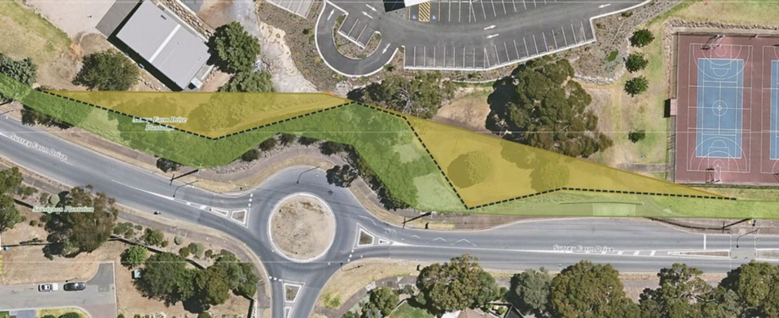Aerial image of boundary of Pedare Christian College near roundabout on Surrey Farm Drive. A thing area is highlighted in orange representing the proposed lease area, a dotted black line shows the proposed fence location.