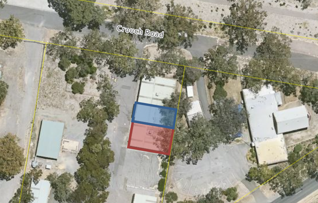 An aerial image of the tea tree studio buildings, one highlighted in red and one in blue. 