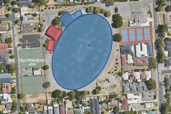 A map highlighting the proposed lease and licence area for the Hope Valley Sporting Club. Lease area includes clubrooms and spectator viewing area, changerooms and canteen. Licence areas include cricket nets/pitch, shed, and oval/fences.